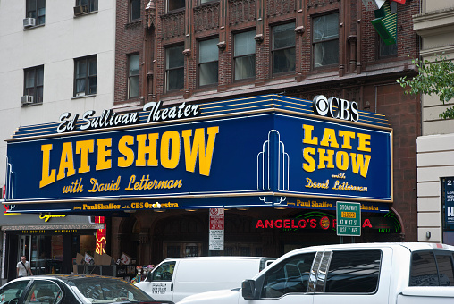 New York City, USA - August 10, 2012: Outdoor sign for the Late Show with David Letterman, an American late-night talk show hosted by David Letterman