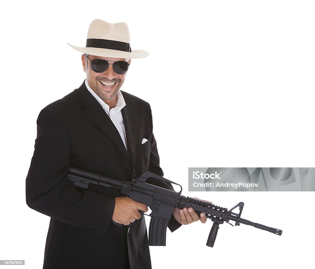 Mature Businessman Holding Gun Happy Mature Business Man Holding Gun Over White Background Adult Stock Photo