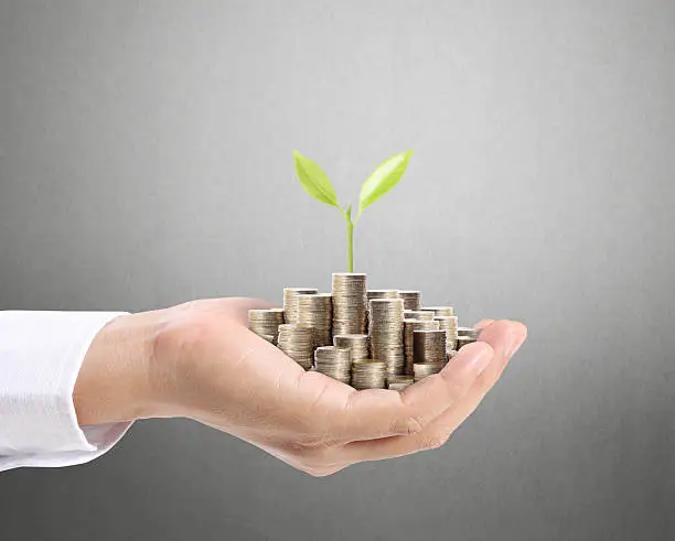 Photo of Businessman holding plant sprouting from  handful of coins