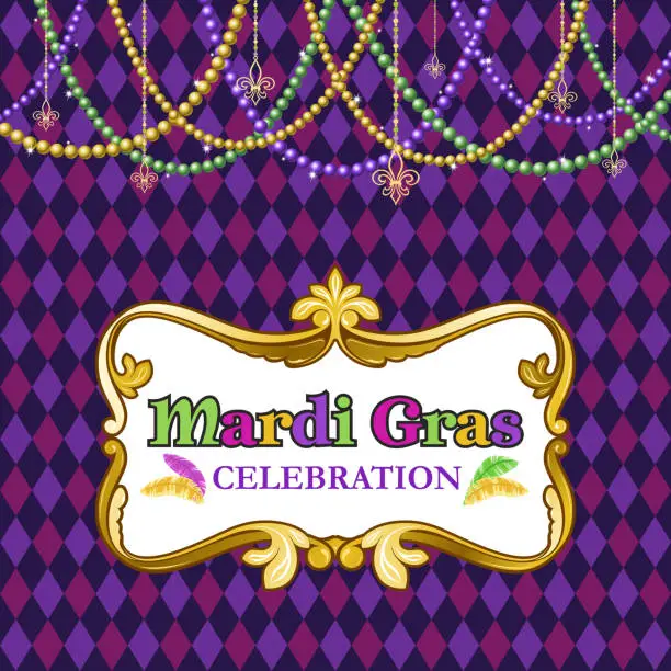 Vector illustration of Mardi Gras Celebration poster with beads and diamond pattern