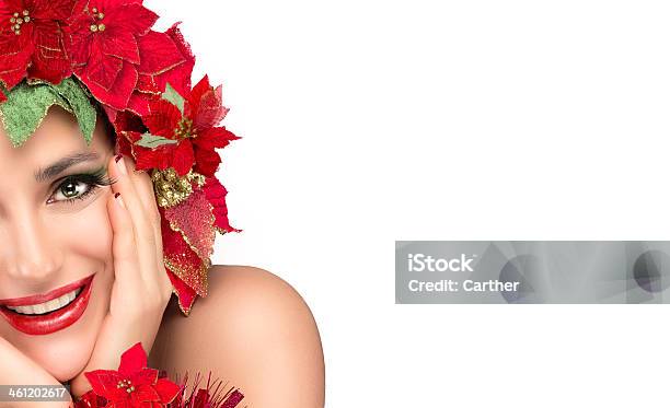 Joyful Christmas Girl With Beautiful Floral Wig Holiday Hairstyle Stock Photo - Download Image Now