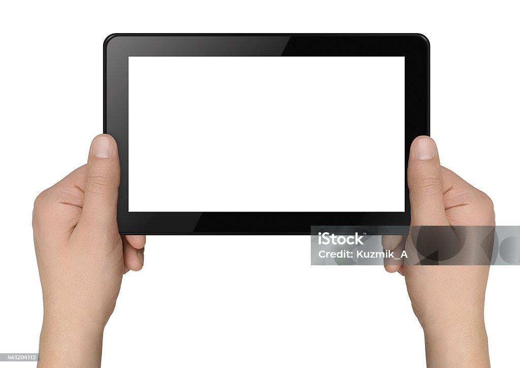 Tablet computer Tablet computer with hands isolated on white background Adult Stock Photo