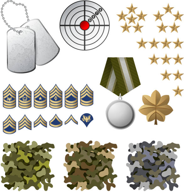 Military icons including camouflage and dog tags Military icons and design elements. EPS 10. File contains transparences!  sergeant badge stock illustrations