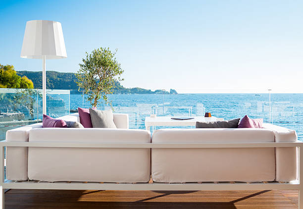 Modern restaurant interior with scenic sea view