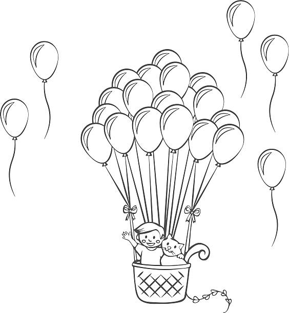 Balloon A cute cat and a child flying on an air balloon balloon drawings stock illustrations