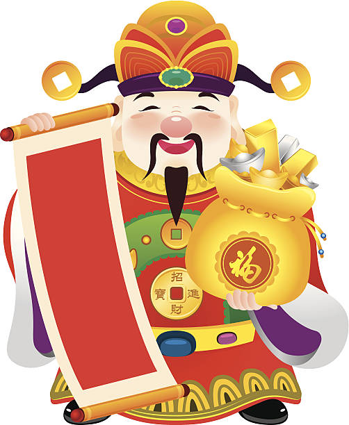 ilustraciones, imágenes clip art, dibujos animados e iconos de stock de chinese dios de prosperidad ilustración de diseño - greeting chinese new year god coin