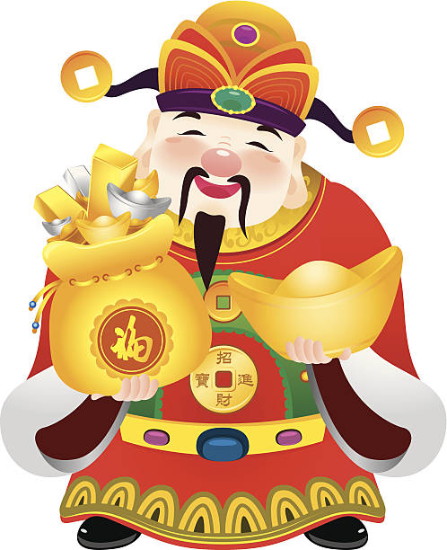 ilustraciones, imágenes clip art, dibujos animados e iconos de stock de chinese dios de prosperidad ilustración de diseño - greeting chinese new year god coin