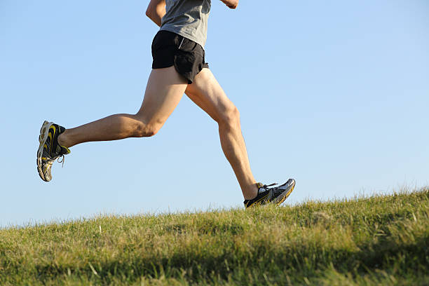 Side view of a jogger legs running on the grass Side view of a jogger legs running on the grass with the horizon in the background sportsman professional sport side view horizontal stock pictures, royalty-free photos & images