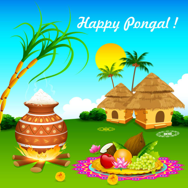 Happy Pongal illustration of Happy Pongal greeting background tamil nadu landscape stock illustrations