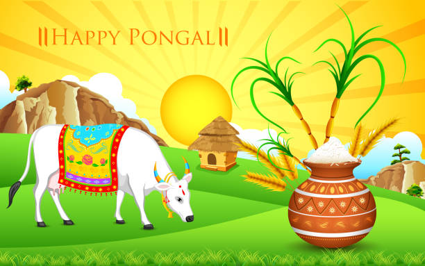 Happy Pongal illustration of Happy Pongal greeting background tamil nadu landscape stock illustrations