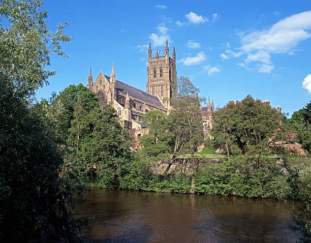 Cathedral, Worcester, UK. Cathedral Church of Christ and the Blessed Virgin Mary on the banks of the river Severn, Worcester, Worcestershire, England, UK, Western Europe. norman uk tree sunlight stock pictures, royalty-free photos & images