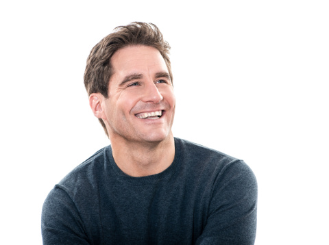 one caucasian man mature handsome man laughing portrait studio white background