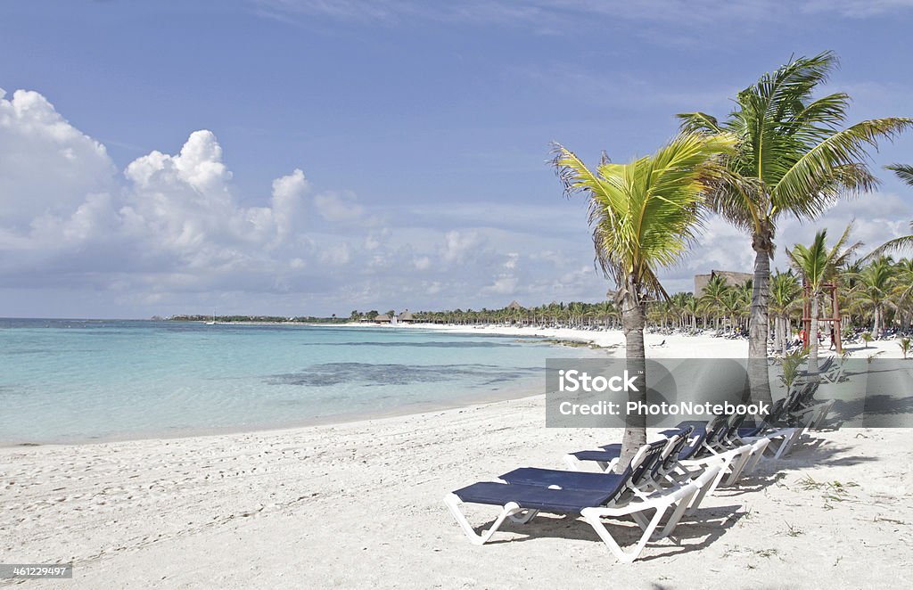 Riviera Maya Mexico Beach Empty white sand beach, ocean and palm trees in Mexico, Riviera Maya Beach Stock Photo