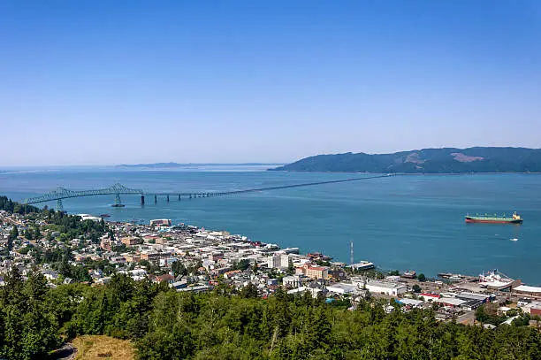 View of the Columbia River from the Astoria Column as a ship is approaching to pass under the long bridge.