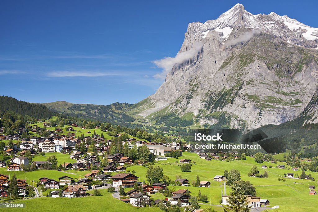 Grindelwald And Wetterhorn, Swiss Alps Observation point with view to Grindelwald and the Wetterhorn, Swiss Alps. Grindelwald Stock Photo
