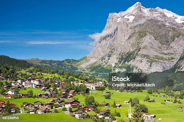 Grindelwald And Wetterhorn Swiss Alps Stock Photo - Download Image Now - Grindelwald, Village, Meadow