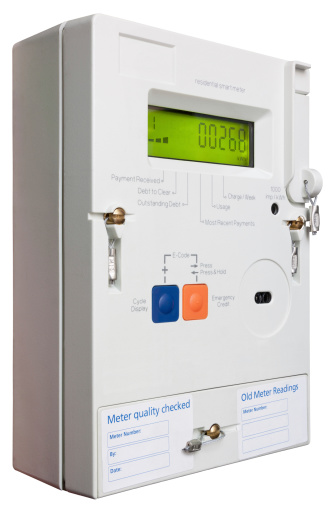 Smart domestic electricity meter isolated on white with clipping path