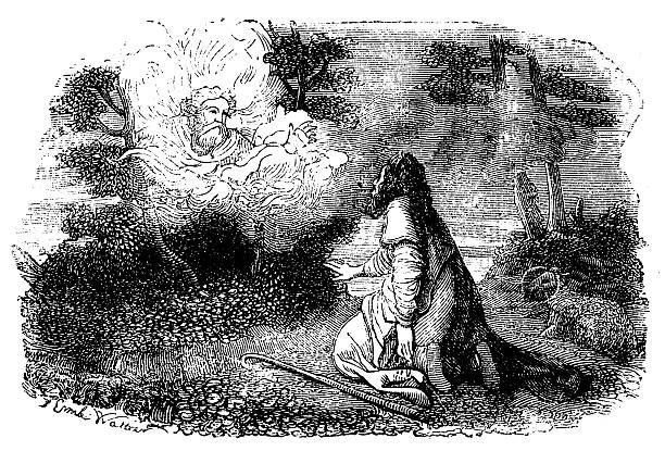 God Speak to Moses Antique Engraved Image 19th-century illustration of Moses speaking with God Bible theme. Published in “História Sagrada do Antigo e Novo Testamento”, Tomo 1 - Vª J.-P. Aillaud, Guillard e Cª - 1863 winged spindletree stock illustrations