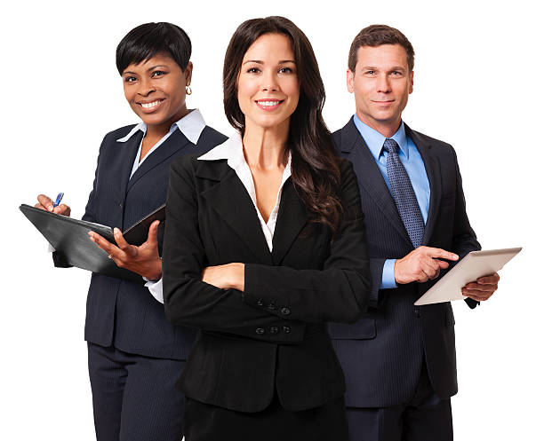 businesswomen'squadra e uomo d'affari isolato su sfondo bianco - three people group of people standing business person foto e immagini stock