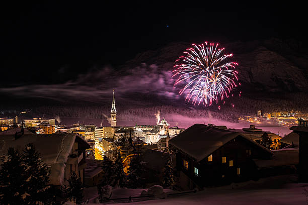 фейерверки над санкт-мориц - engadine switzerland village church стоковые фото и изображения