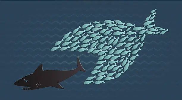 Vector illustration of Together we stand: Little Fish eats Big Shark