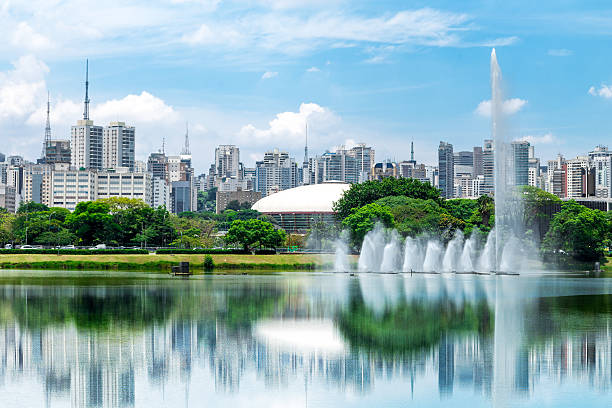 Sao Paulo city from Ibirapuera Park, Brazil The Ibirapuera is one of Latin America largest city parks. ibirapuera park stock pictures, royalty-free photos & images