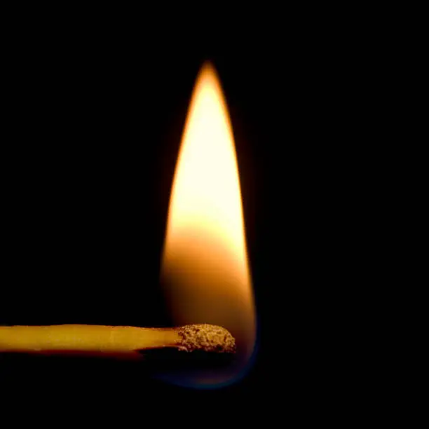 Photo of Burning Match Closeup Isolated On Black, Large Detailed Macro
