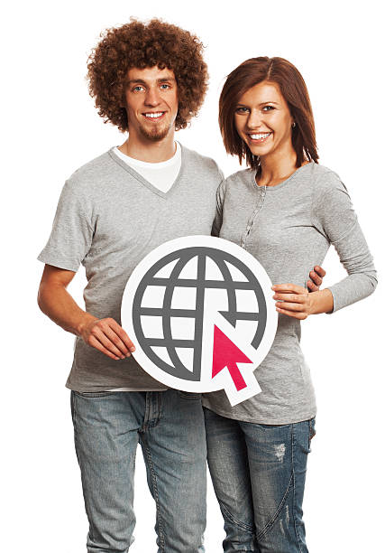 istock Smiling young couple holding internet sign isolated on white background. 461253409