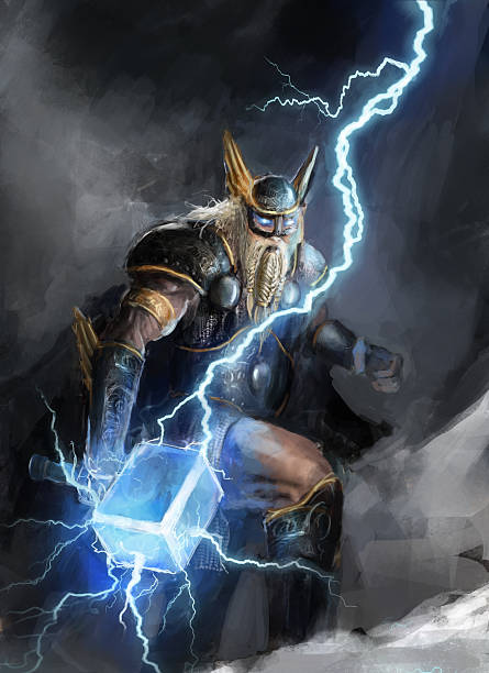 Thor, the god of lightning, in battle vector art illustration