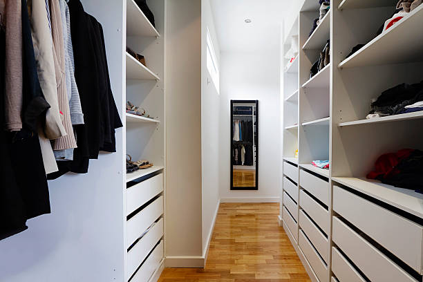Contemporary spacious walk in wardrobe in a modern home