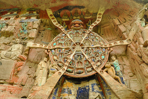 stone skulptur, buddhistische rad des reincarnation - wheel of life stock-fotos und bilder