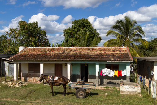 Typical residential home on the island of Cuba with horse carriage