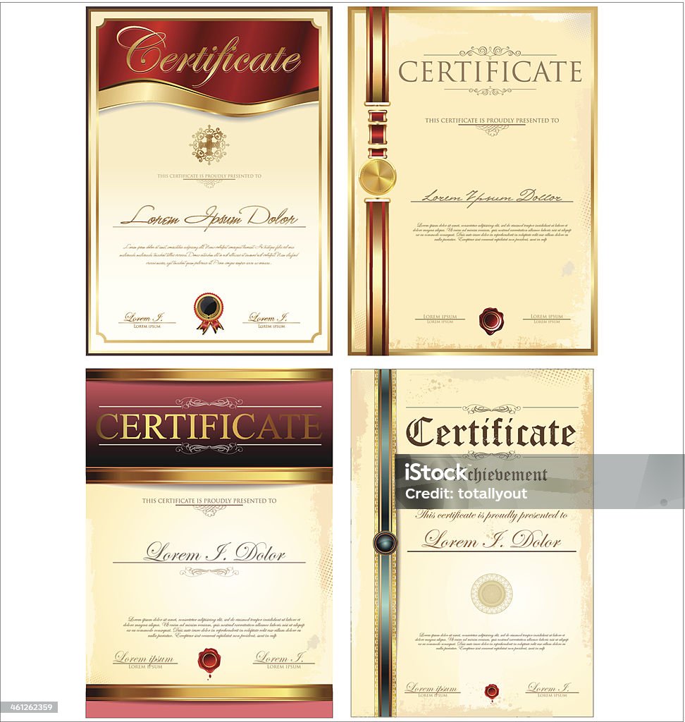 Certificate template, set Illustration of gold detailed certificate Achievement stock vector