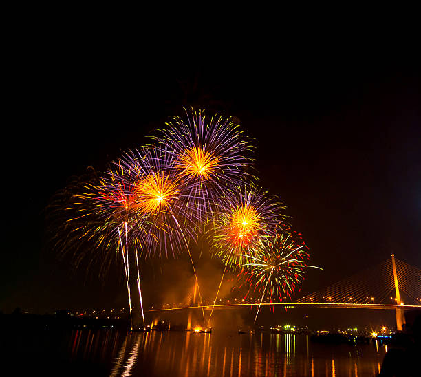 istock Multicolor fireworks night scene, bangkok cityscape river view, 461263991