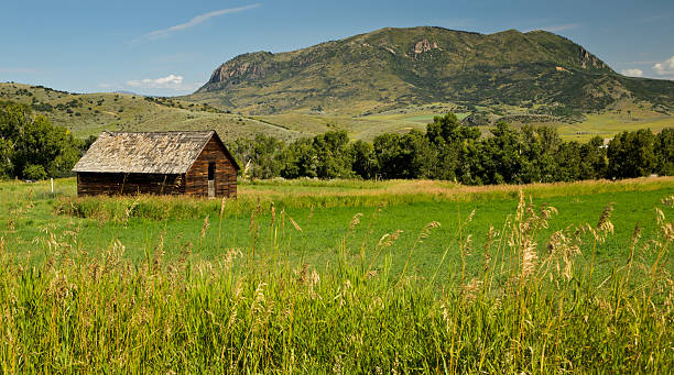 Old Brown Barn with Sleeping Giant stock photo