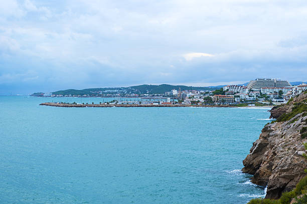 Coastal line near Sitges on Mediterranean sea, Spain. Major tourist areas during summer.