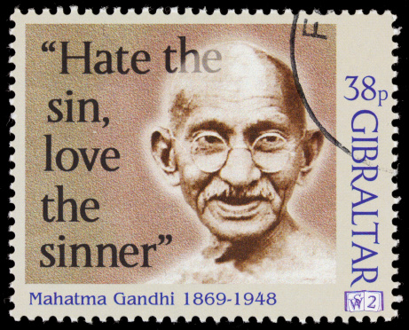 1998 Gibraltar postage stamp with an illustration of Mahatma Gandhi, as part of its \