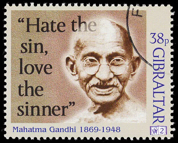1998 Gibraltar postage stamp with an illustration of Mahatma Gandhi, as part of its "Stamps of Wisdom" series.
