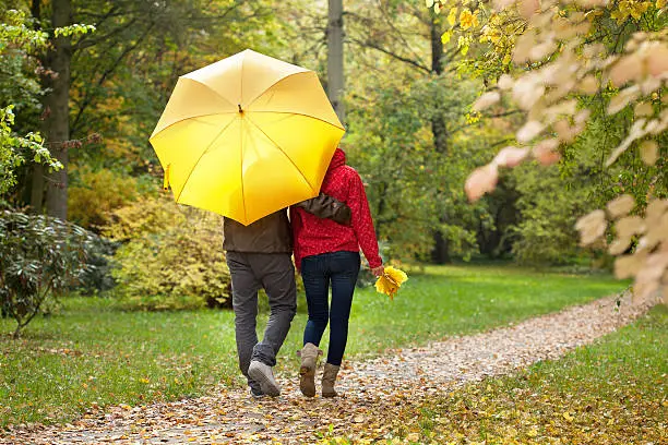Photo of Man and woman walking in park under a large yellow umbrella