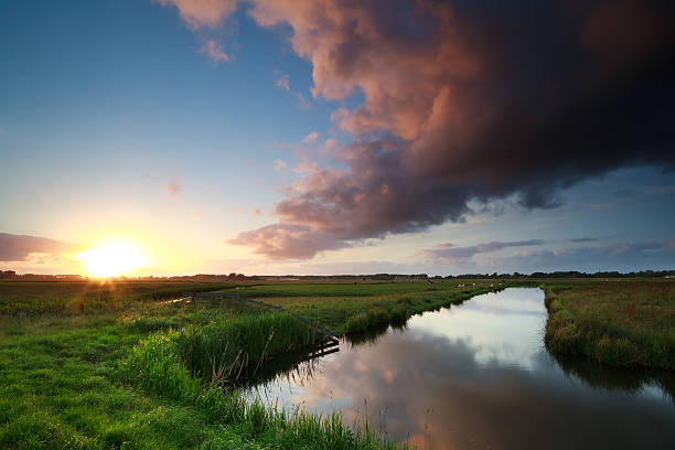 istock sunset over river on Dutch farmland 461313523