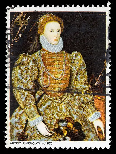 A postage stamp with a circa 1575 portrait of Queen Elizabeth I, known as "The Darnley Portrait".