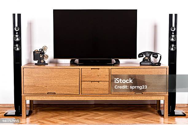 Television And Telephone With Home Theater Stock Photo - Download Image Now - Stereo, Living Room, Sideboard