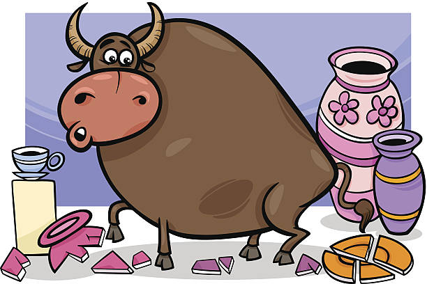 bull in a china shop cartoon Cartoon Humor Concept Illustration of Bull in a China Shop Saying fractured foot drawing stock illustrations
