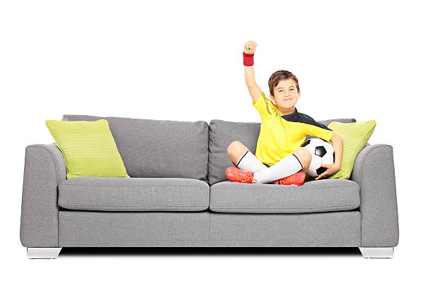 istock Happy boy with a soccerball on sofa gesturing happiness 461761295