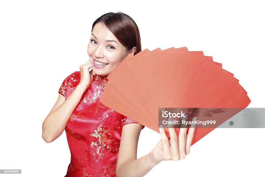 happy chinese new year happy chinese new year. smiling asian woman holding red envelope Asia Stock Photo