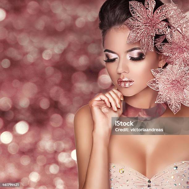 Beautiful Girl With Pink Flowers Beauty Model Woman Face Stock Photo - Download Image Now