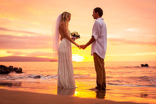 istock Just married couple on tropical beach at sunset 461795445