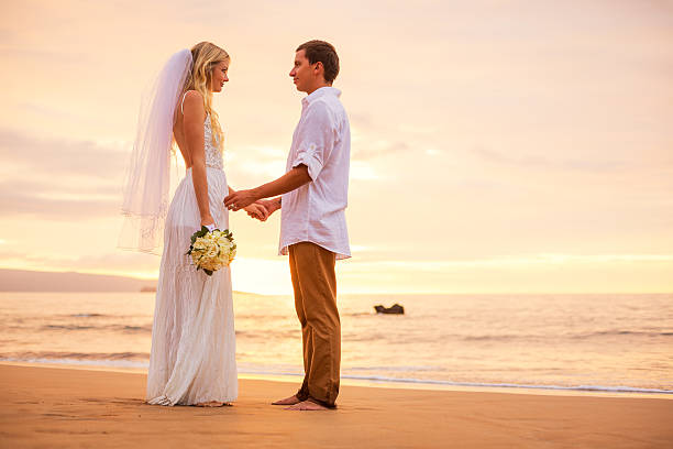 istock Just married couple holding hands on the beach at sunset 461795453