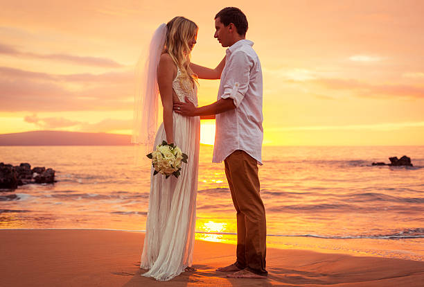 istock Just married couple on tropical beach at sunset 461795513