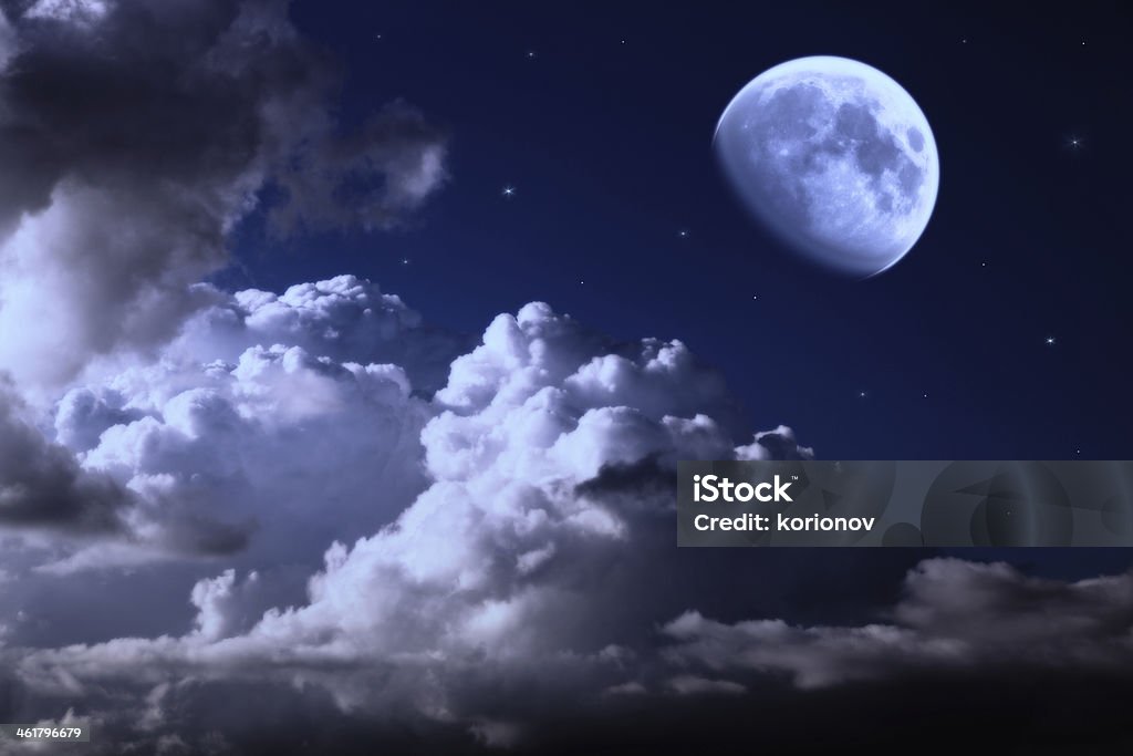 night sky with the moon, clouds and stars Astronomy Stock Photo